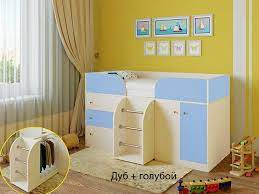 Кровать-чердак Малыш-4 Дуб молочный/Голубой в Минусинске - minusinsk.katalogmebeli.com | фото 1