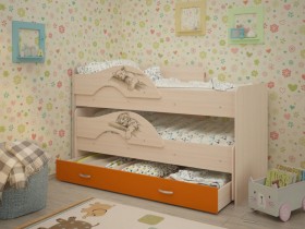 Кровать выкатная Радуга-Сафари детская 1600 Млечный дуб/Оранжевый в Минусинске - minusinsk.katalogmebeli.com | фото