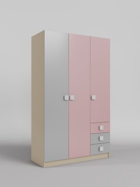 Шкаф 3-х створчатый с ящиками Грэйси (Розовый/Серый/корпус Клен) в Минусинске - minusinsk.katalogmebeli.com | фото