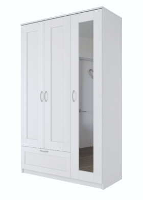 Шкаф трехдверный Сириус с зеркалом и 1 ящиком белый в Минусинске - minusinsk.katalogmebeli.com | фото 1